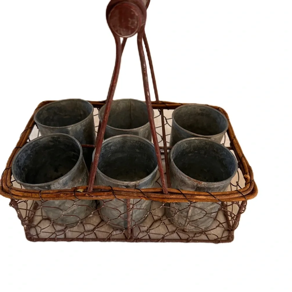 French Basket Farmhouse Rustic Wire Handle‎ 6 Cup Galvanized Metal Herb Pots